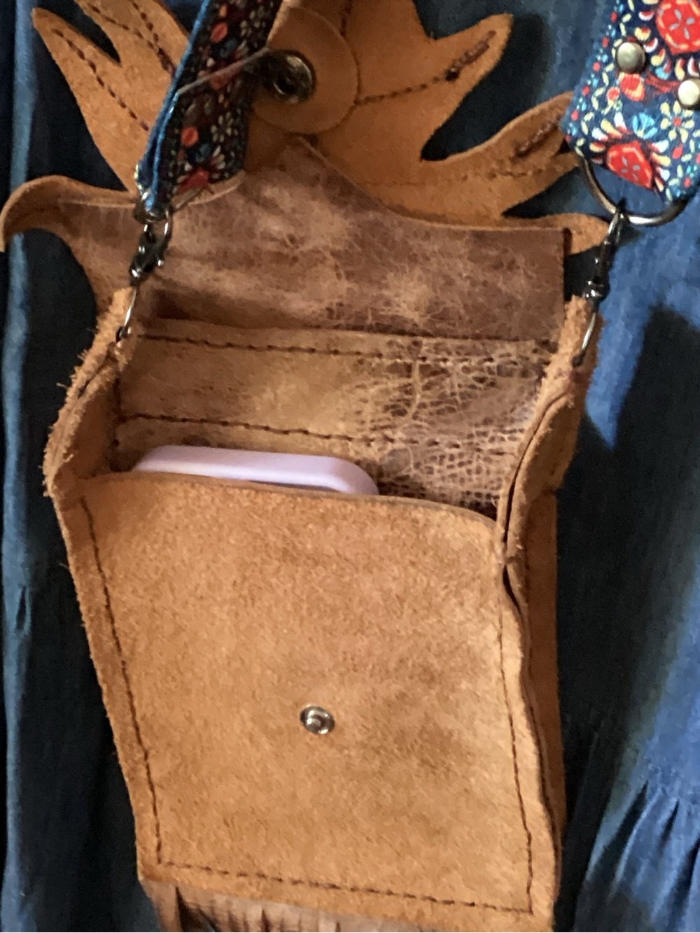 Boho Leather Fringe Crossbody with Leaf Applique - Brown - Picture 6 of 9